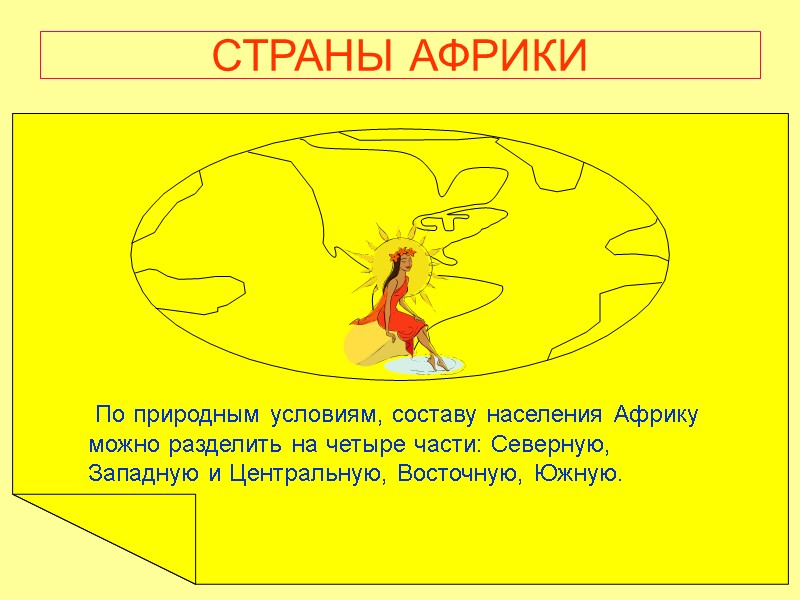 СТРАНЫ АФРИКИ  По природным условиям, составу населения Африку можно разделить на четыре части: